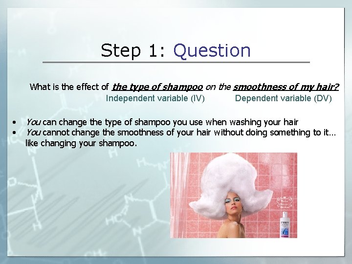 Step 1: Question What is the effect of the type of shampoo on the