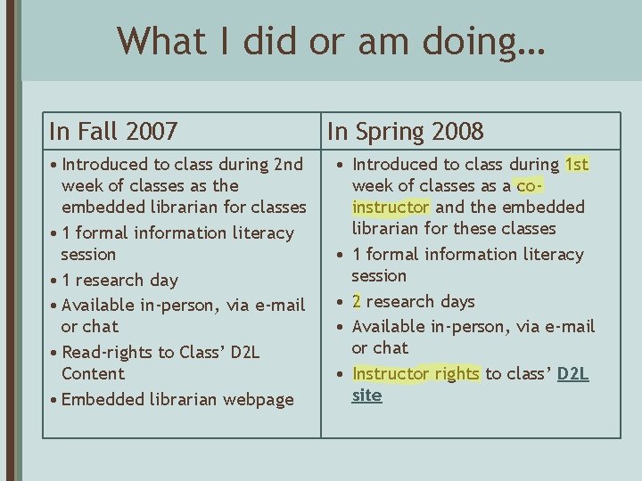 What I did or am doing… In Fall 2007 • Introduced to class during
