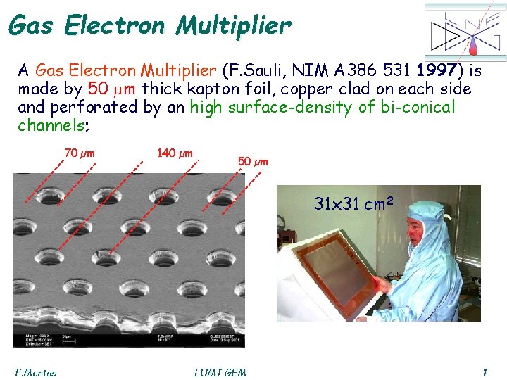 Gas Electron Multiplier A Gas Electron Multiplier (F. Sauli, NIM A 386 531 1997)