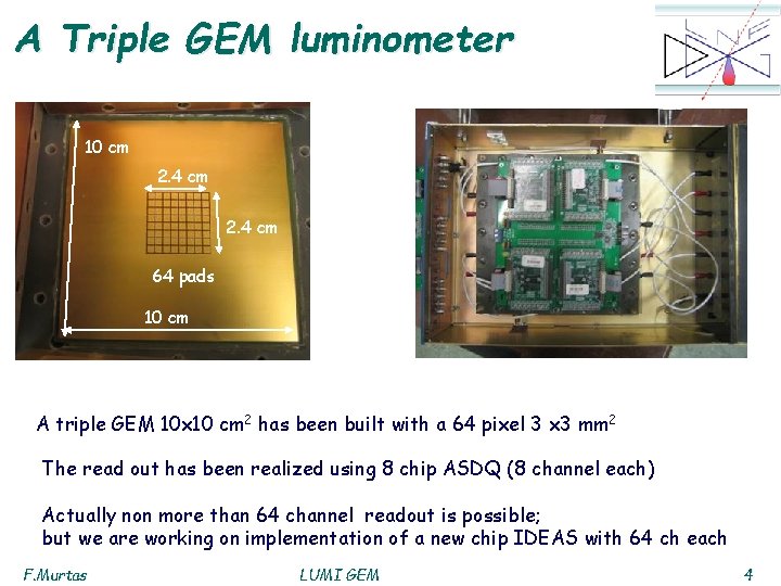 A Triple GEM luminometer 10 cm 2. 4 cm 64 pads 10 cm A