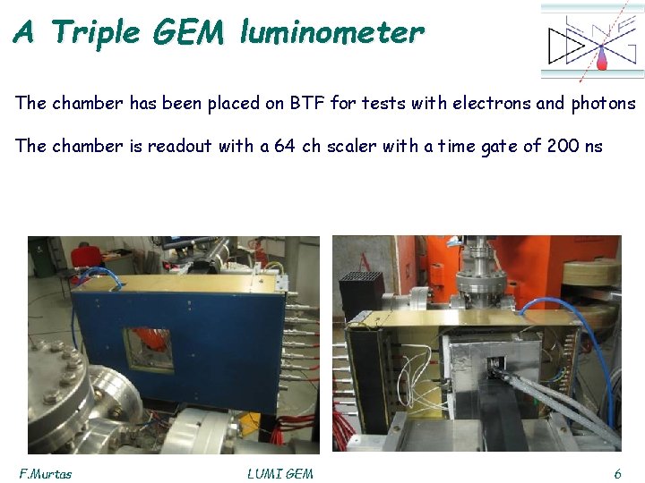 A Triple GEM luminometer The chamber has been placed on BTF for tests with