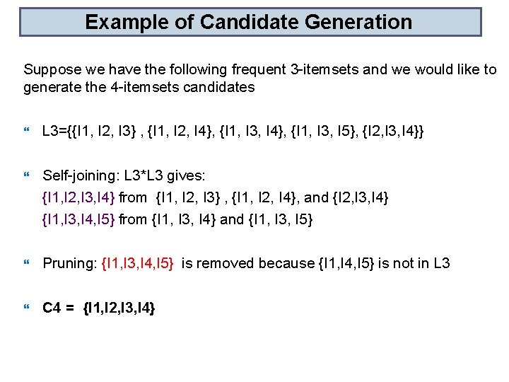 Example of Candidate Generation Suppose we have the following frequent 3 -itemsets and we