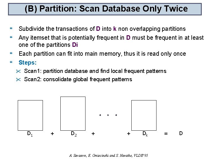 (B) Partition: Scan Database Only Twice Subdivide the transactions of D into k non