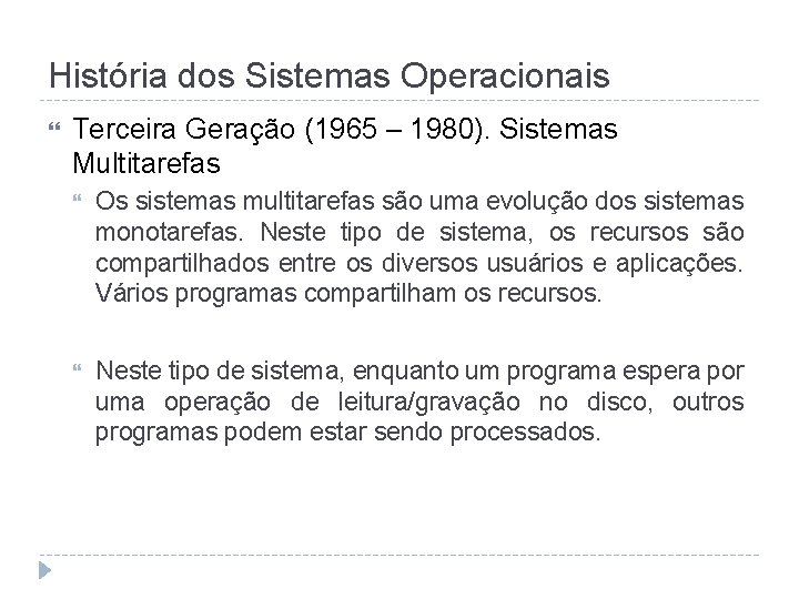 História dos Sistemas Operacionais Terceira Geração (1965 – 1980). Sistemas Multitarefas Os sistemas multitarefas