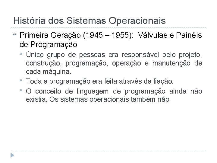 História dos Sistemas Operacionais Primeira Geração (1945 – 1955): Válvulas e Painéis de Programação