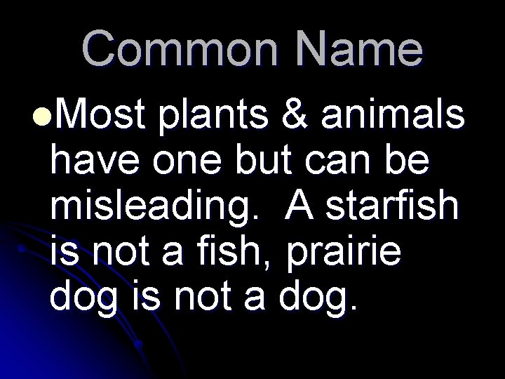 Common Name l. Most plants & animals have one but can be misleading. A