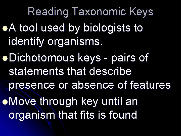 Reading Taxonomic Keys l A tool used by biologists to identify organisms. l Dichotomous