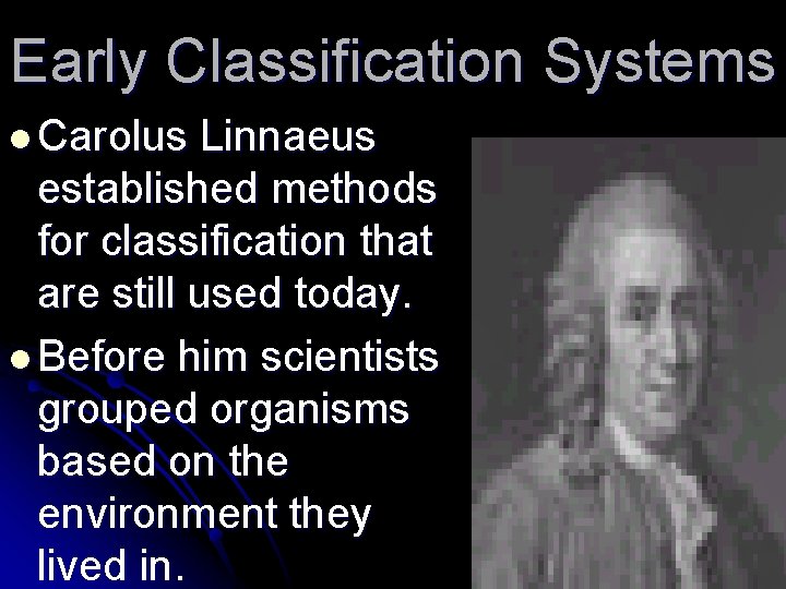 Early Classification Systems l Carolus Linnaeus established methods for classification that are still used