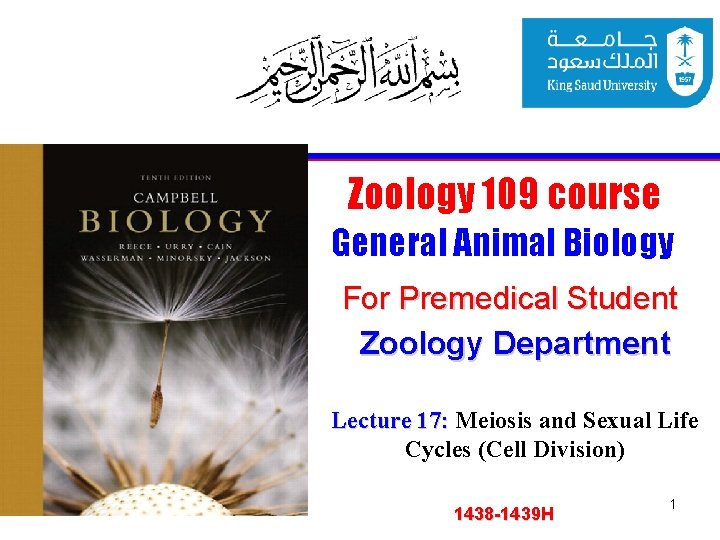 Zoology 109 course General Animal Biology For Premedical Student Zoology Department Lecture 17: Meiosis