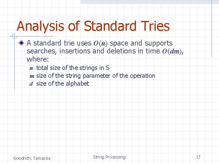 Analysis of Standard Tries A standard trie uses O(n) space and supports searches, insertions