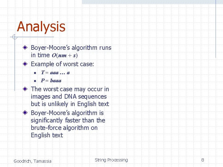 Analysis Boyer-Moore’s algorithm runs in time O(nm + s) Example of worst case: n