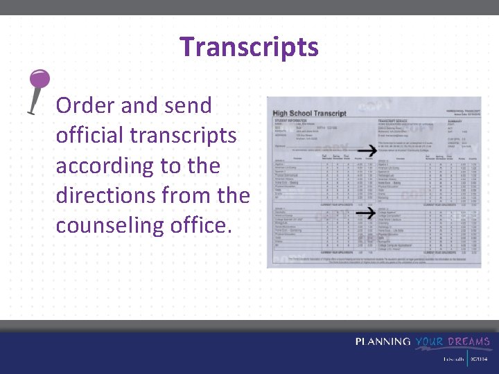 Transcripts Order and send official transcripts according to the directions from the counseling office.