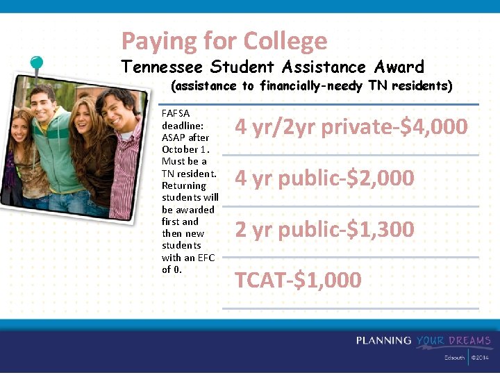 Paying for College Tennessee Student Assistance Award (assistance to financially-needy TN residents) FAFSA deadline: