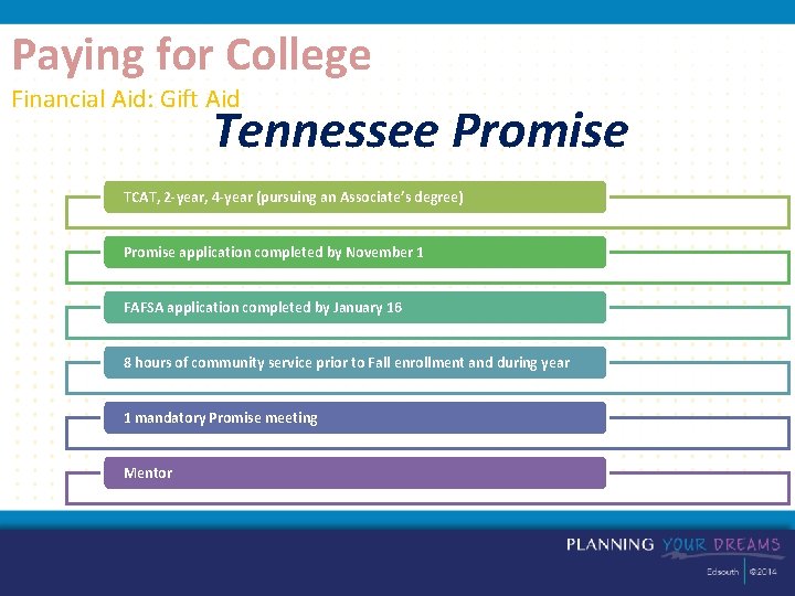 Paying for College Financial Aid: Gift Aid Tennessee Promise TCAT, 2 -year, 4 -year