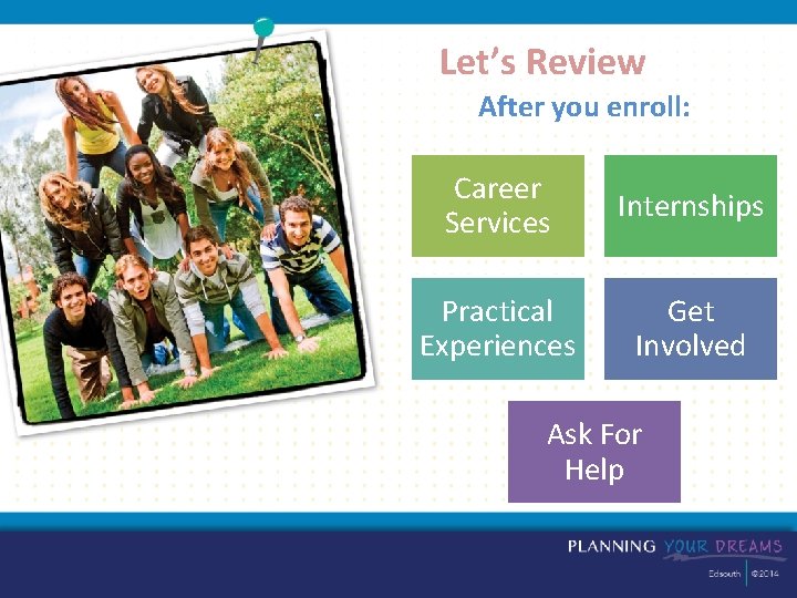 Let’s Review After you enroll: Career Services Internships Practical Experiences Get Involved Ask For