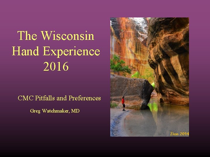 The Wisconsin Hand Experience 2016 CMC Pitfalls and Preferences Greg Watchmaker, MD Zion 2014