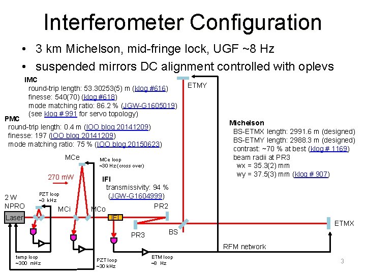 Interferometer Configuration • 3 km Michelson, mid-fringe lock, UGF ~8 Hz • suspended mirrors