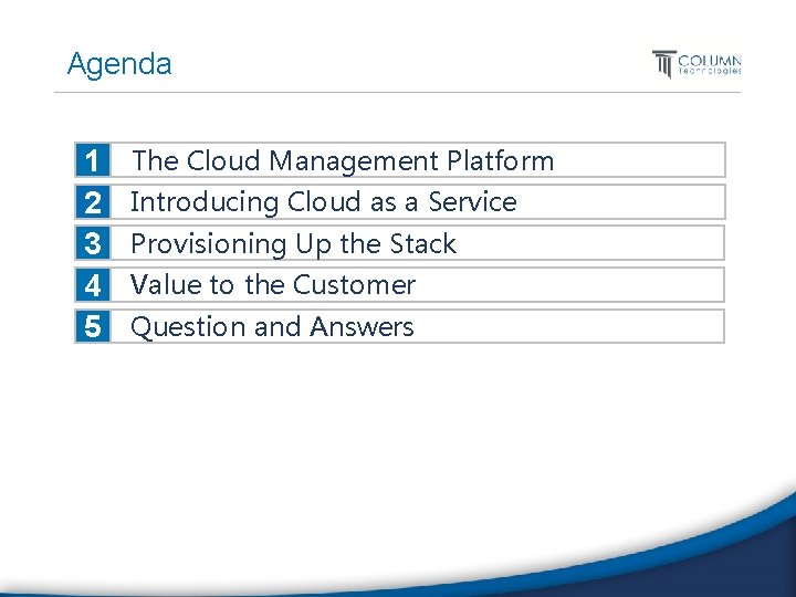 Agenda 1 2 3 4 5 The Cloud Management Platform Introducing Cloud as a