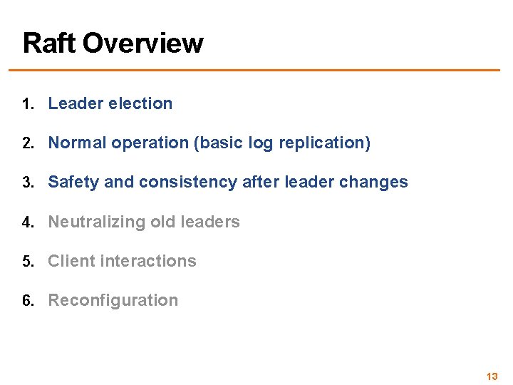 Raft Overview 1. Leader election 2. Normal operation (basic log replication) 3. Safety and