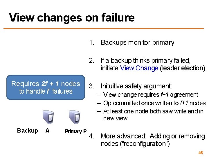 View changes on failure 1. Backups monitor primary 2. If a backup thinks primary