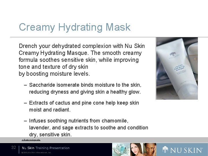 Creamy Hydrating Mask Drench your dehydrated complexion with Nu Skin Creamy Hydrating Masque. The