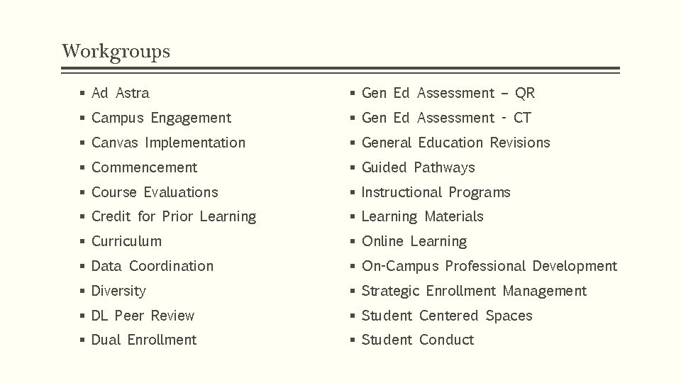 Workgroups § Ad Astra § Gen Ed Assessment – QR § Campus Engagement §