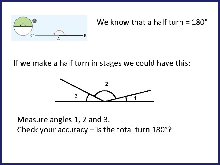 We know that a half turn = 180° If we make a half turn