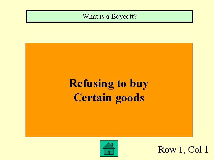 What is a Boycott? Refusing to buy Certain goods Row 1, Col 1 