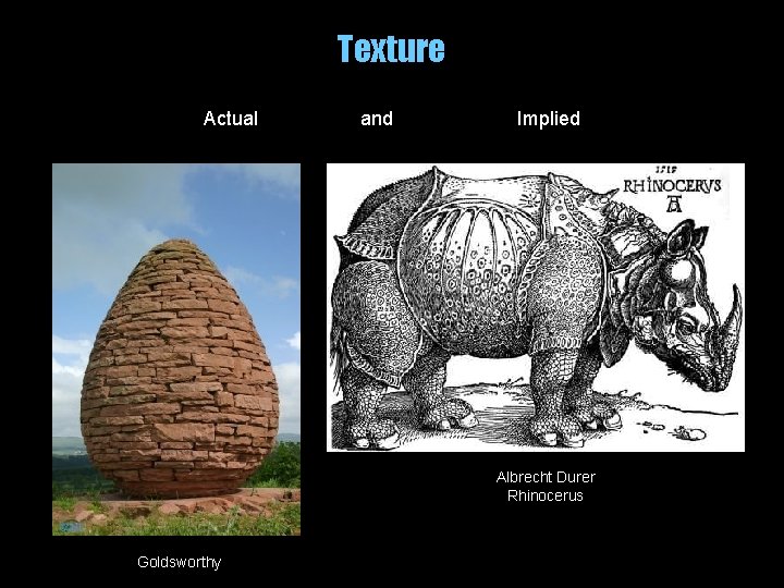 Texture Actual and Implied Albrecht Durer Rhinocerus Goldsworthy 