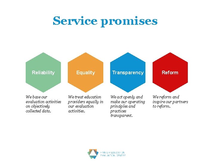 Service promises Reliability Equality Transparency Reform We base our evaluation activities on objectively collected