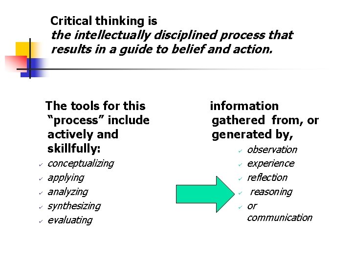 Critical thinking is the intellectually disciplined process that results in a guide to belief