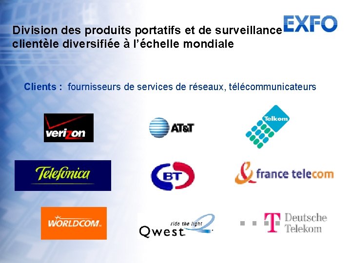 Division des produits portatifs et de surveillance clientèle diversifiée à l’échelle mondiale Clients :