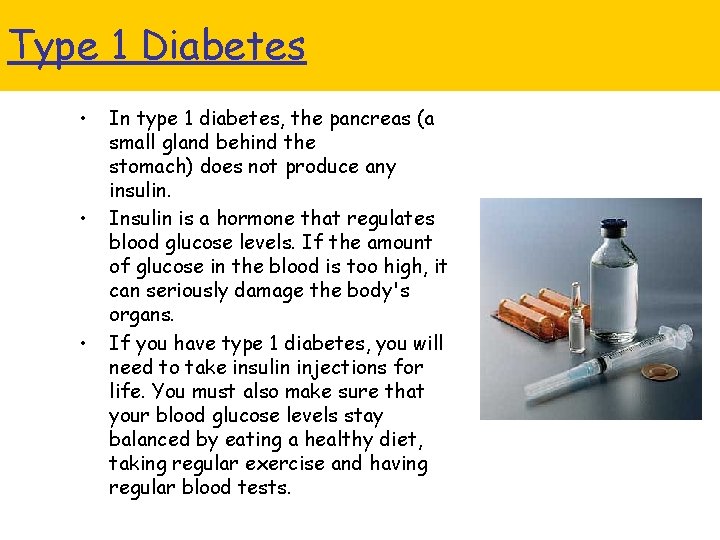 Type 1 Diabetes • • • In type 1 diabetes, the pancreas (a small