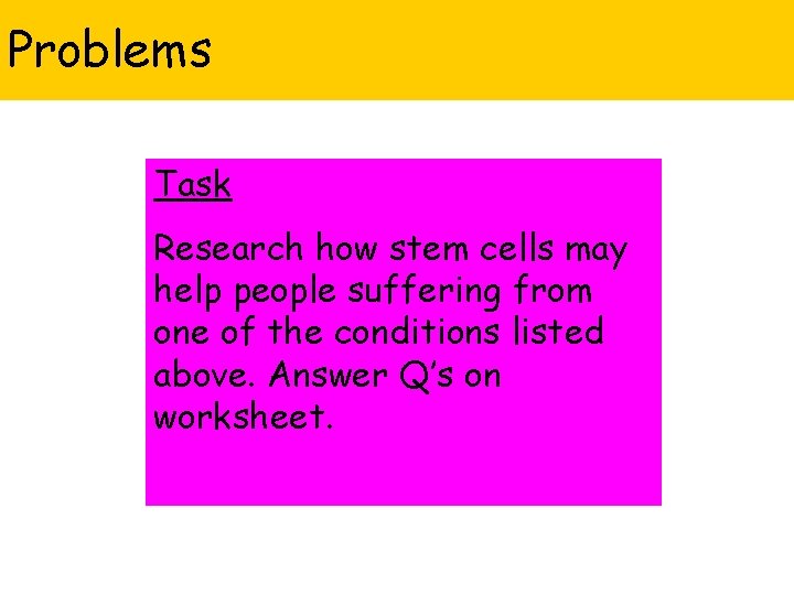 Problems Task Research how stem cells may help people suffering from one of the