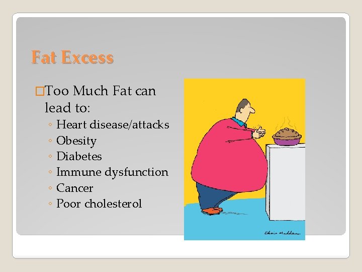 Fat Excess �Too Much Fat can lead to: ◦ Heart disease/attacks ◦ Obesity ◦