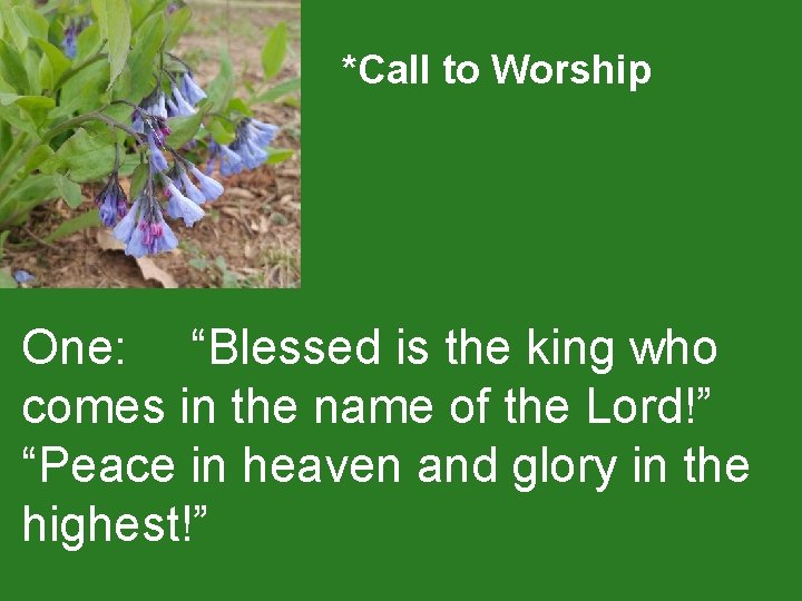 *Call to Worship One: “Blessed is the king who comes in the name of