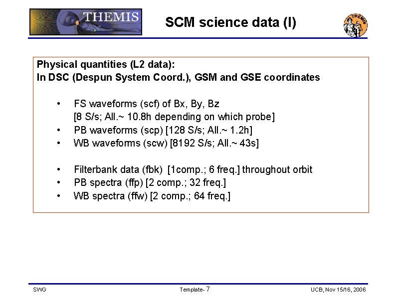 SCM science data (I) Physical quantities (L 2 data): In DSC (Despun System Coord.