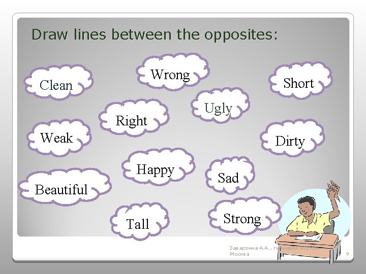 Draw lines between the opposites: Wrong Clean Right Short Ugly Weak Dirty Happy Beautiful