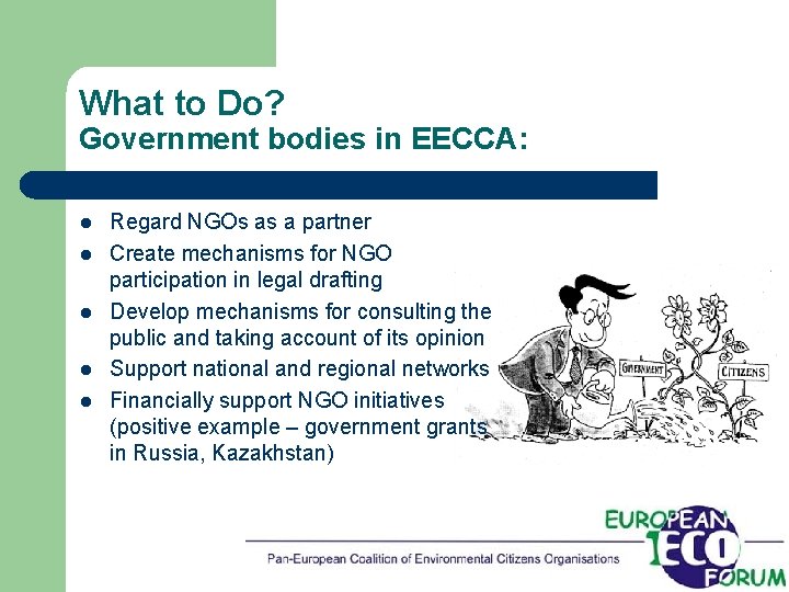 What to Do? Government bodies in EECCA: l l l Regard NGOs as a