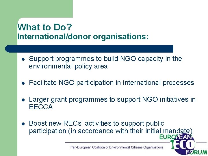 What to Do? International/donor organisations: l Support programmes to build NGO capacity in the