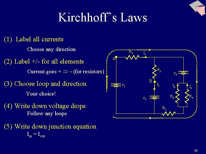 Kirchhoff’s Laws (1) Label all currents Choose any direction (2) Label +/- for all Kirchhoff’s Laws (1) Label all currents Choose any direction (2) Label +/- for all