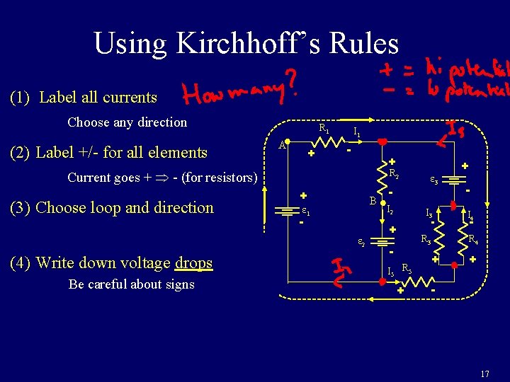 Using Kirchhoff’s Rules (1) Label all currents Choose any direction (2) Label +/- for Using Kirchhoff’s Rules (1) Label all currents Choose any direction (2) Label +/- for