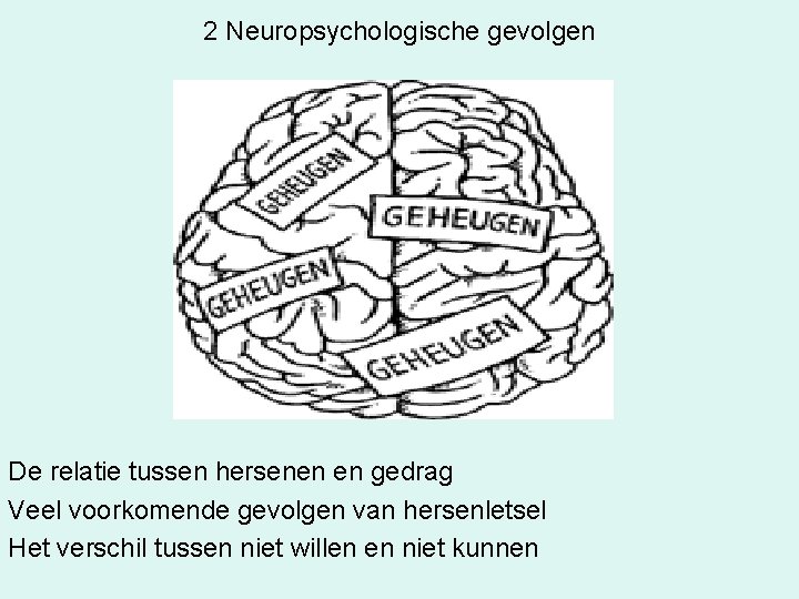 2 Neuropsychologische gevolgen De relatie tussen hersenen en gedrag Veel voorkomende gevolgen van hersenletsel