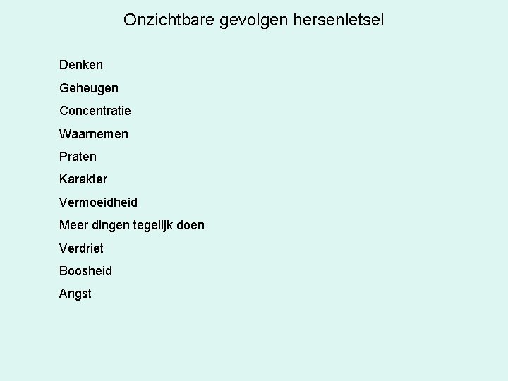 Onzichtbare gevolgen hersenletsel Denken Geheugen Concentratie Waarnemen Praten Karakter Vermoeidheid Meer dingen tegelijk doen