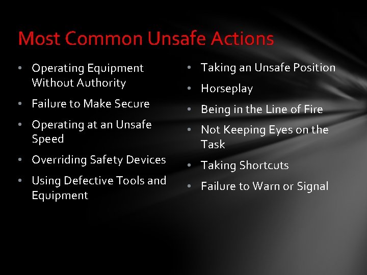 Most Common Unsafe Actions • Operating Equipment Without Authority • Taking an Unsafe Position