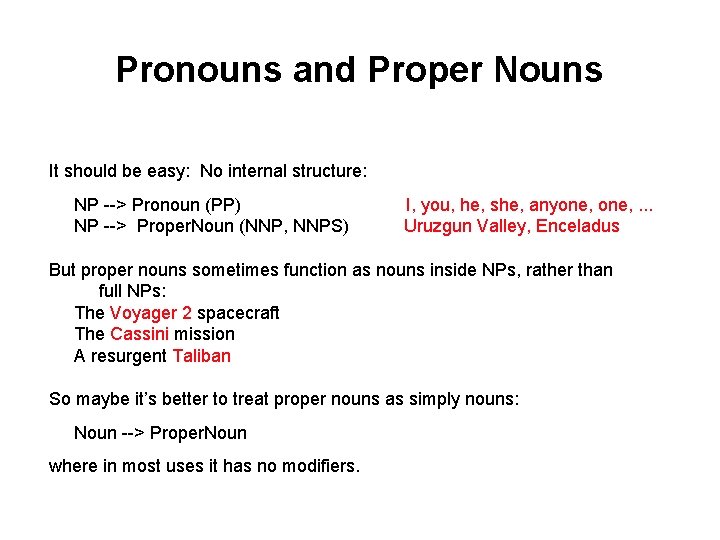 Pronouns and Proper Nouns It should be easy: No internal structure: NP --> Pronoun