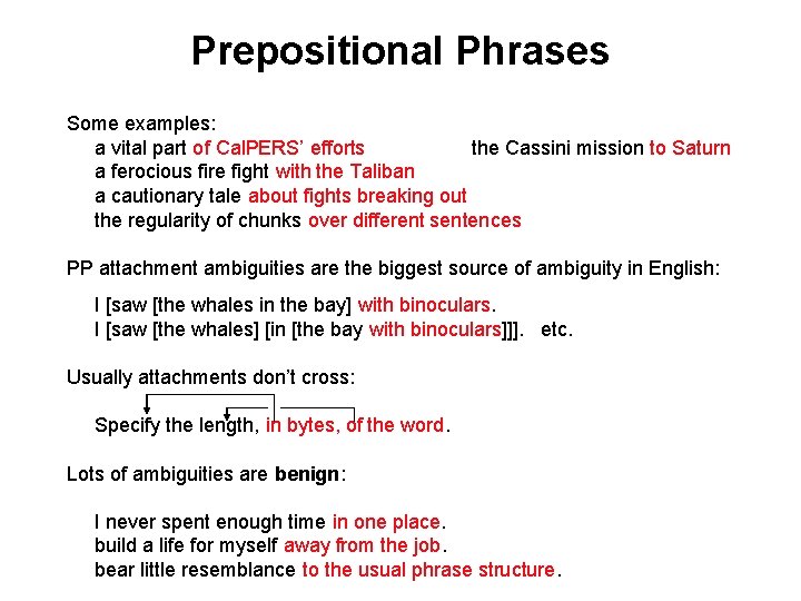 Prepositional Phrases Some examples: a vital part of Cal. PERS’ efforts the Cassini mission