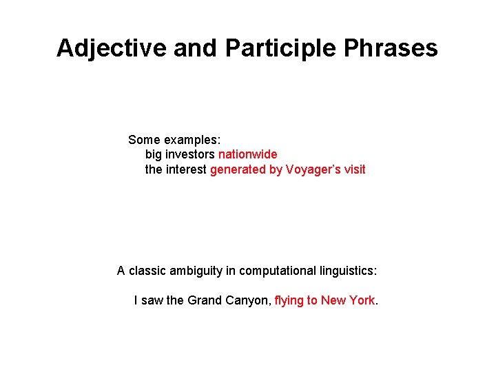 Adjective and Participle Phrases Some examples: big investors nationwide the interest generated by Voyager’s