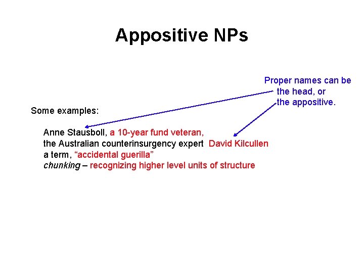 Appositive NPs Some examples: Proper names can be the head, or the appositive. Anne