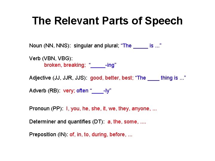 The Relevant Parts of Speech Noun (NN, NNS): singular and plural; “The _____ is.